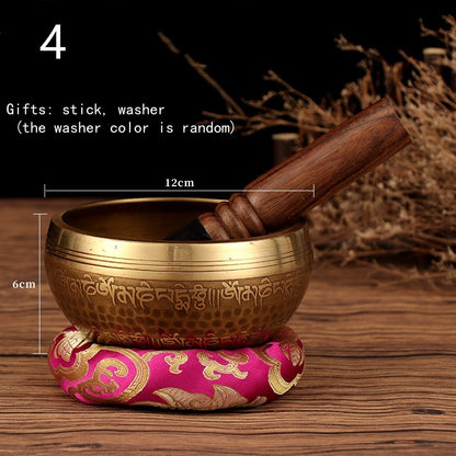 Tibetan Singing Bowl Set | Handmade Copper Bowl with Mallet & Embroidered Pad | Buddha Mantra Design for Meditation