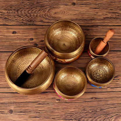Tibetan Singing Bowl Set | Handmade Copper Bowl with Mallet & Embroidered Pad | Buddha Mantra Design for Meditation
