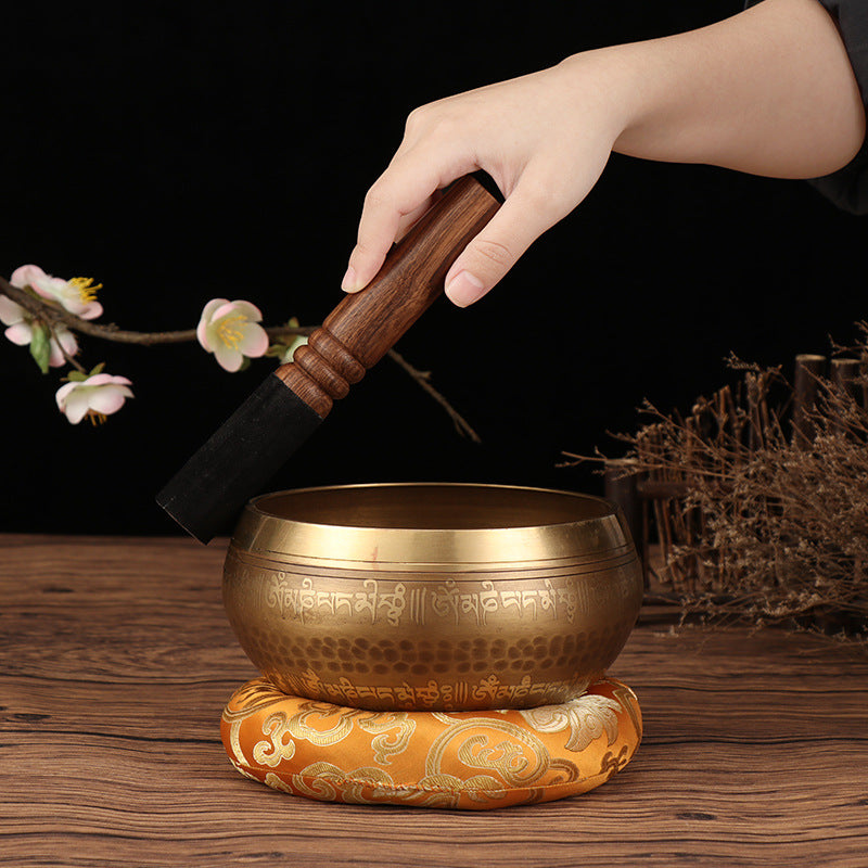Tibetan Singing Bowl Set | Handmade Copper Bowl with Mallet & Embroidered Pad | Buddha Mantra Design for Meditation