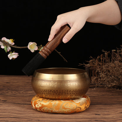 Tibetan Singing Bowl Set | Handmade Copper Bowl with Mallet & Embroidered Pad | Buddha Mantra Design for Meditation