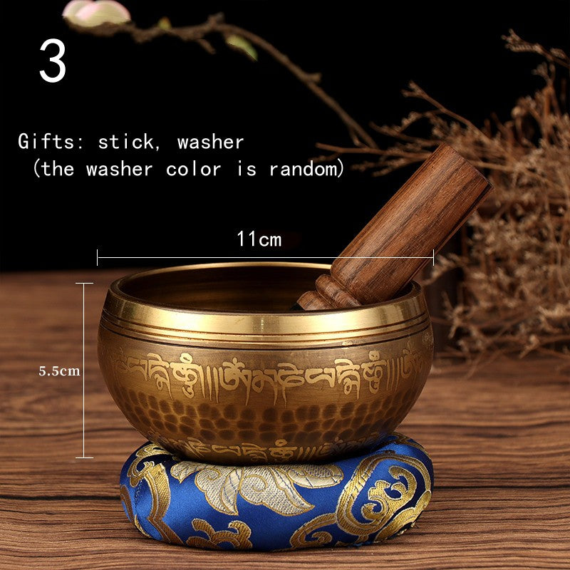 Tibetan Singing Bowl Set | Handmade Copper Bowl with Mallet & Embroidered Pad | Buddha Mantra Design for Meditation