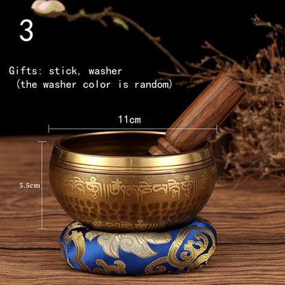 Tibetan Singing Bowl Set | Handmade Copper Bowl with Mallet & Embroidered Pad | Buddha Mantra Design for Meditation