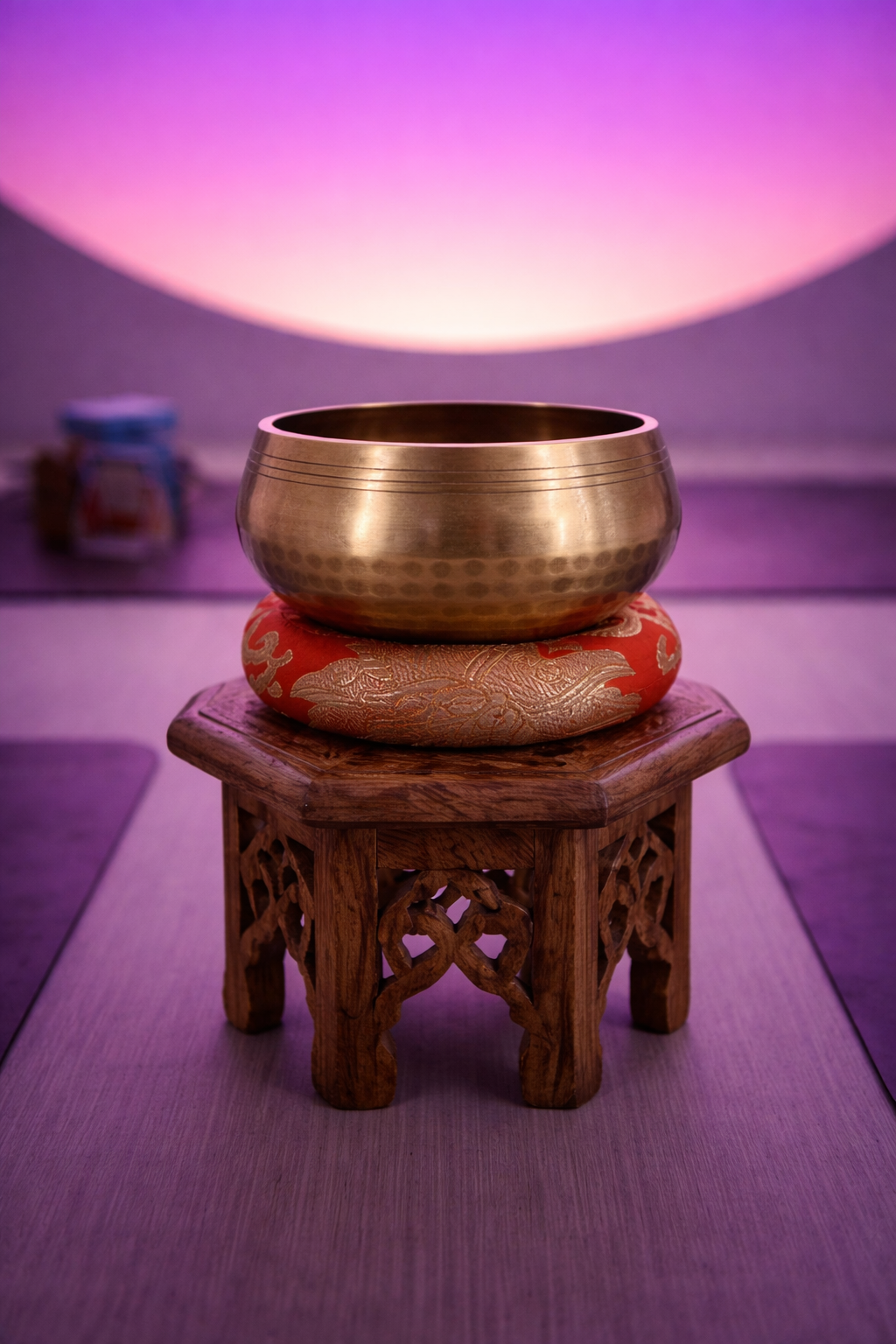 Tibetan Singing Bowl Set | Handmade Copper Bowl with Mallet & Embroidered Pad | Buddha Mantra Design for Meditation