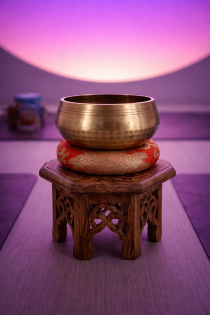 Tibetan Singing Bowl Set | Handmade Copper Bowl with Mallet & Embroidered Pad | Buddha Mantra Design for Meditation